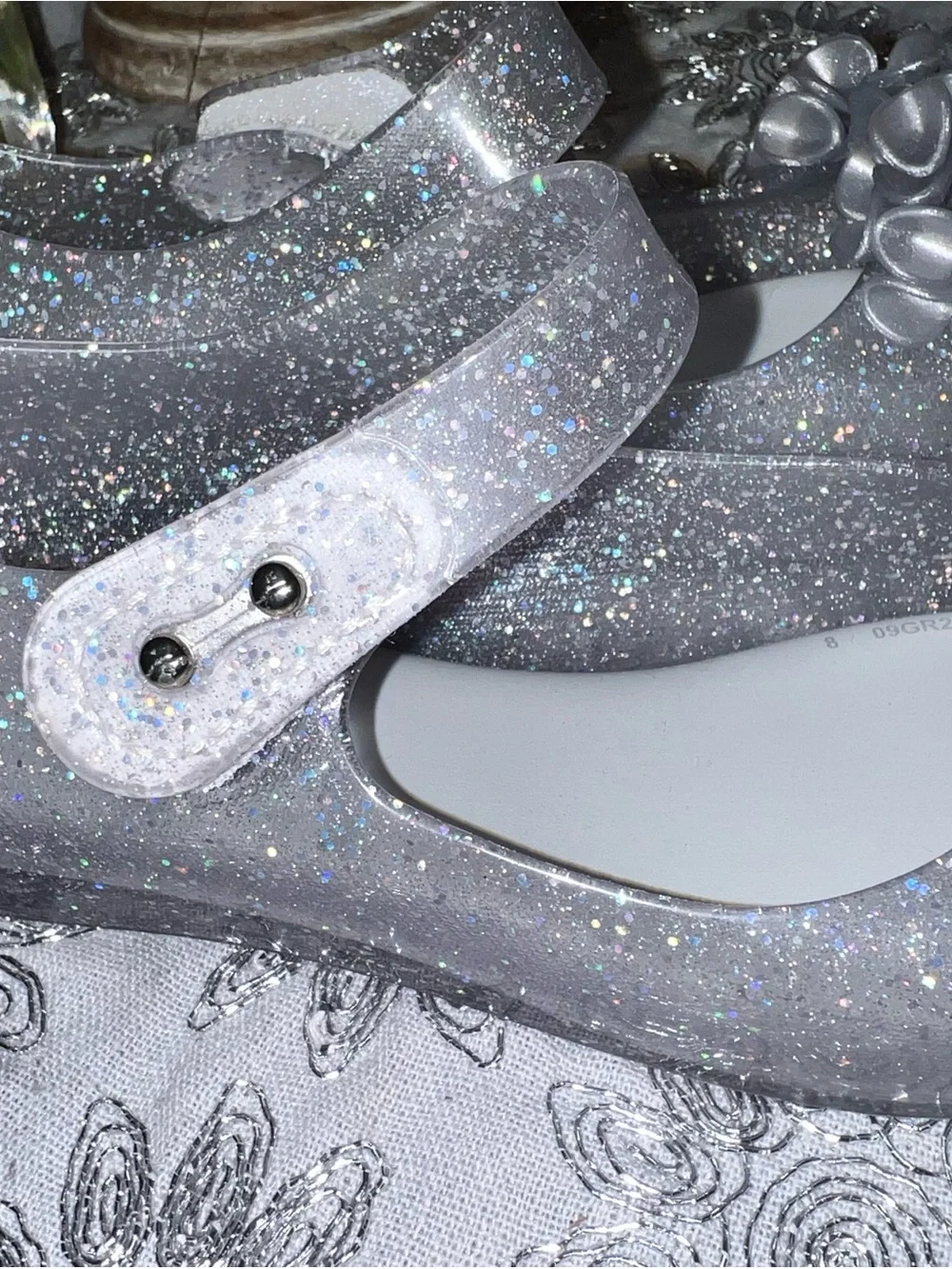 Mini Melissa Silver Glitter Floral Mary Jane Flats